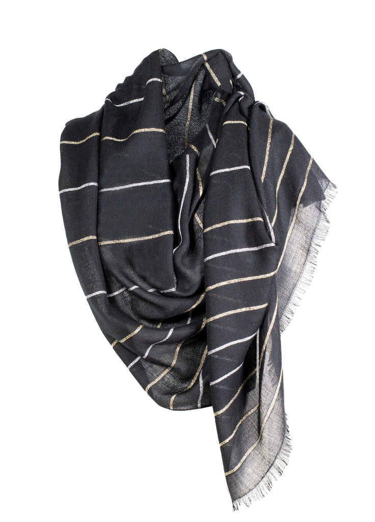 cashmere ultra-fine scarf in black with silver and gold lame stripes