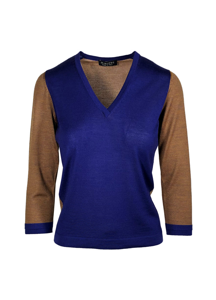 Women's cashmere two tone v neck sweater blue amber with marigold