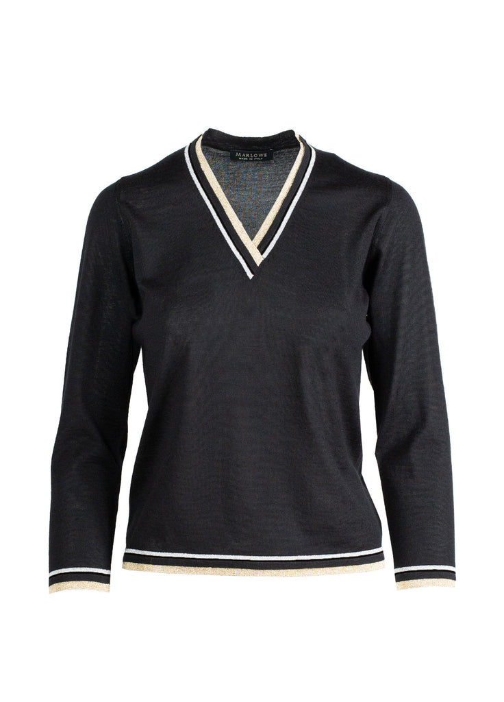 Second-skin cashmere V-neck with metallic lame triple tone trim