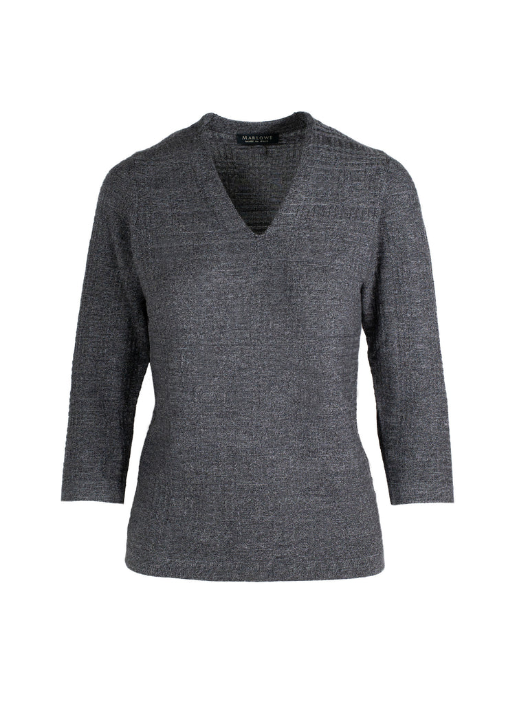 Cashmere V-neck with plaid texture in black alabaster