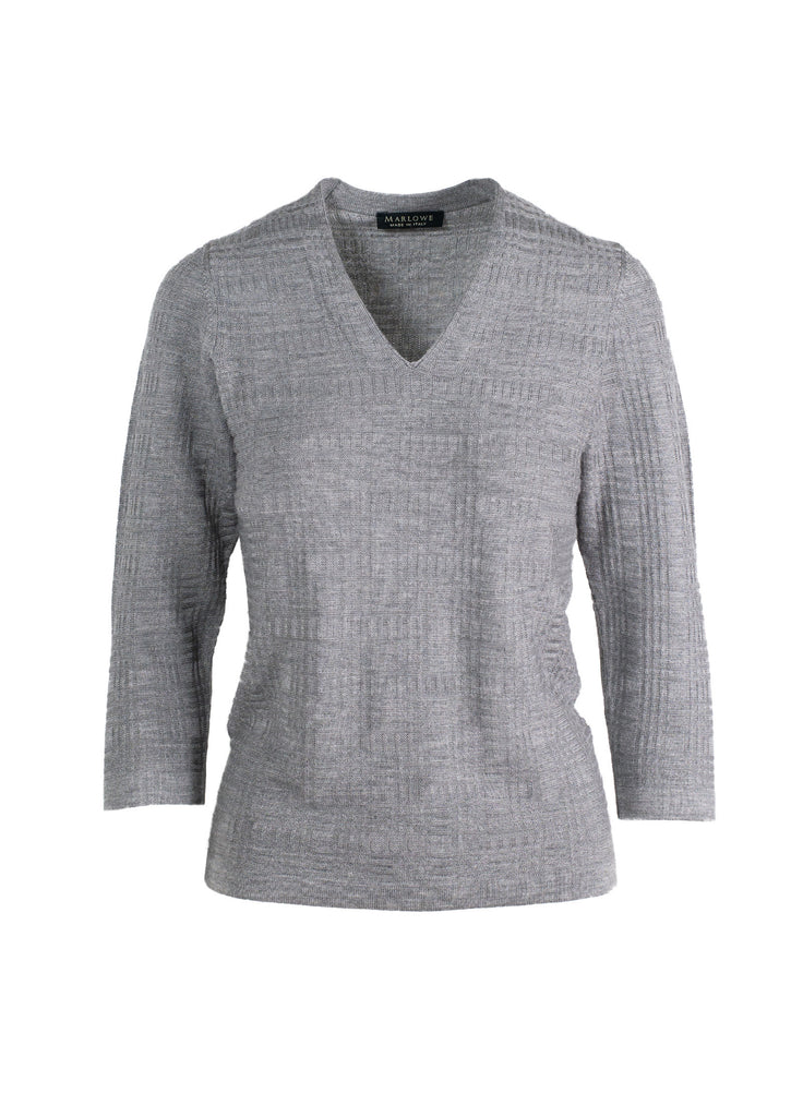 Cashmere V-neck with plaid texture in pearl