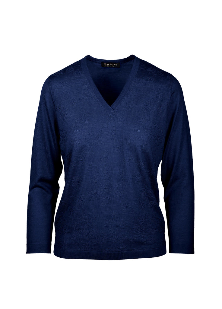 cashmere second skin v-neck sweater with floral texture azurite blue