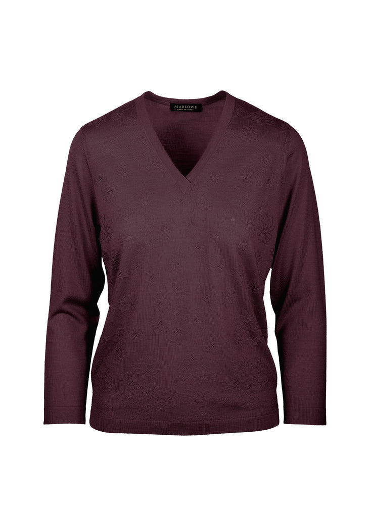 cashmere second skin V-neck with floral texture currant burgundy