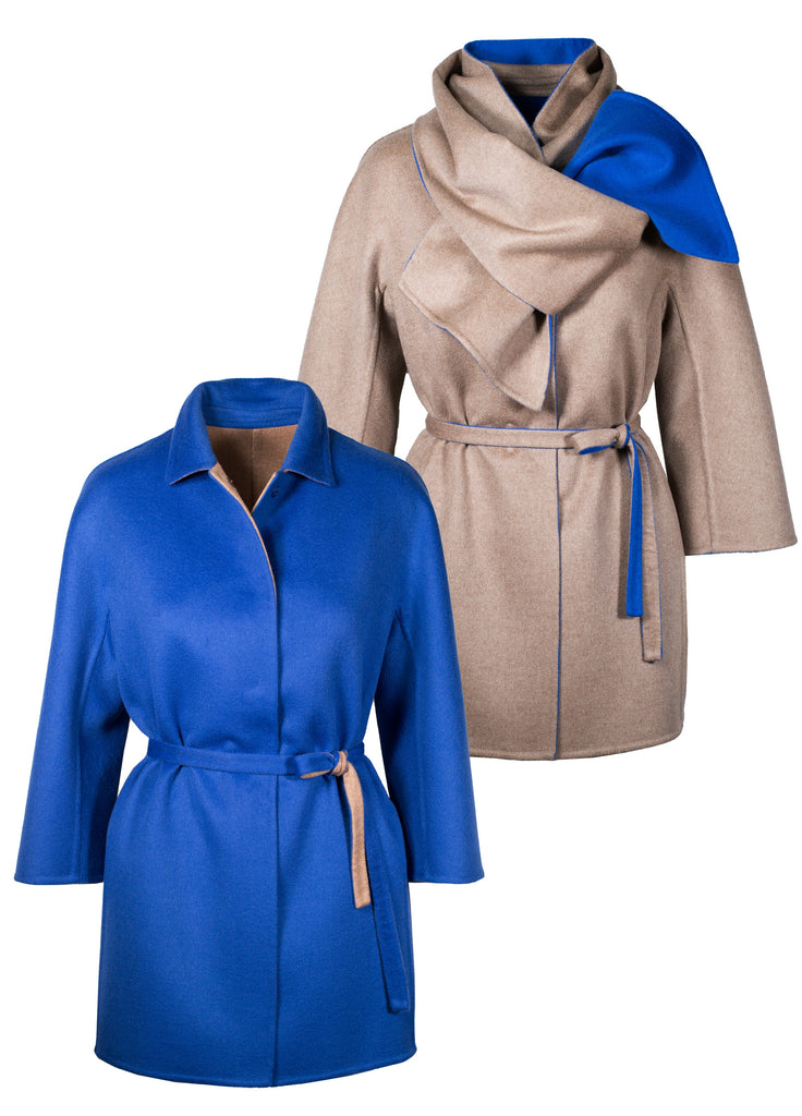 cashmere double face reversible coat camel and cobalt blue