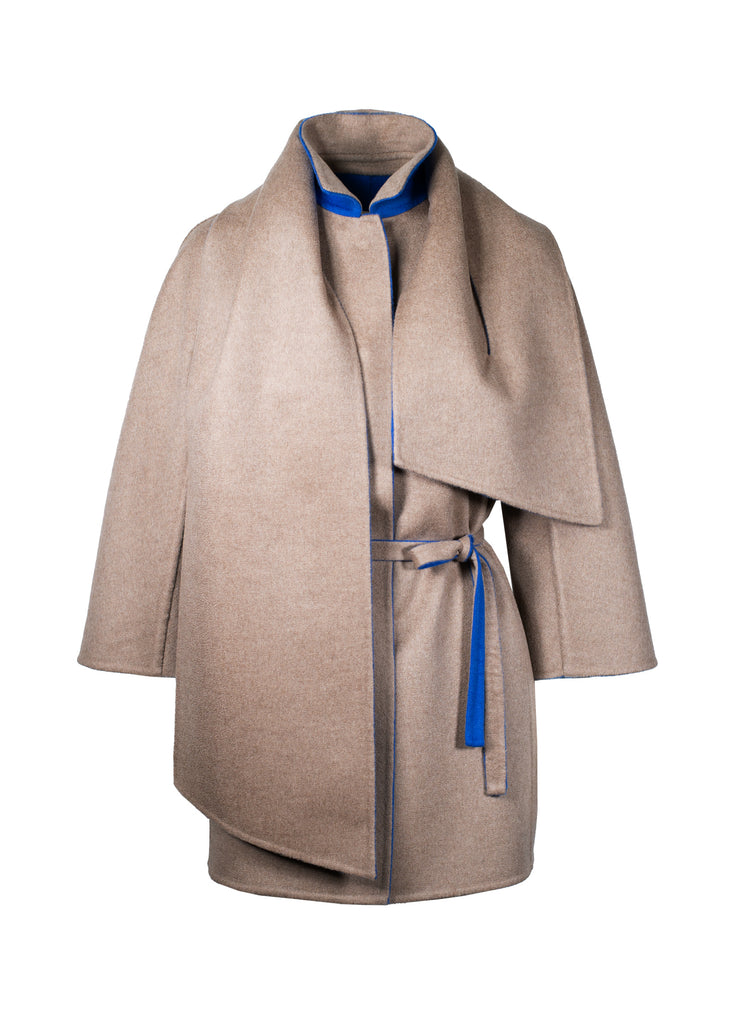 cashmere double face reversible coat camel and cobalt blue