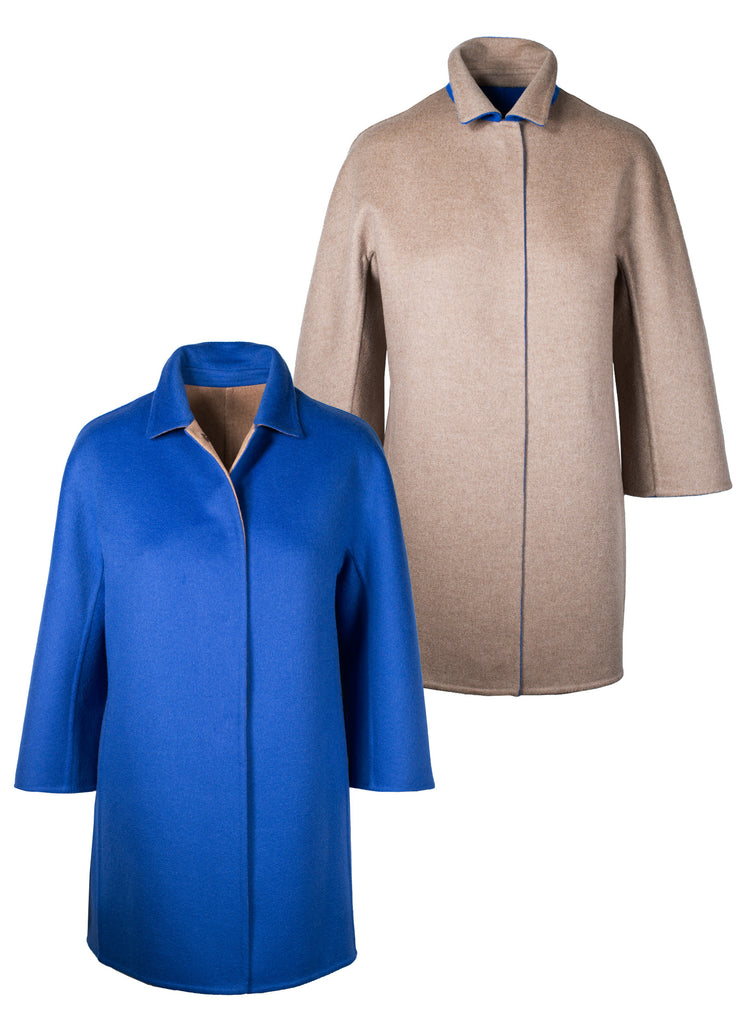 cashmere double face reversible coat cobalt blue and camel without belt