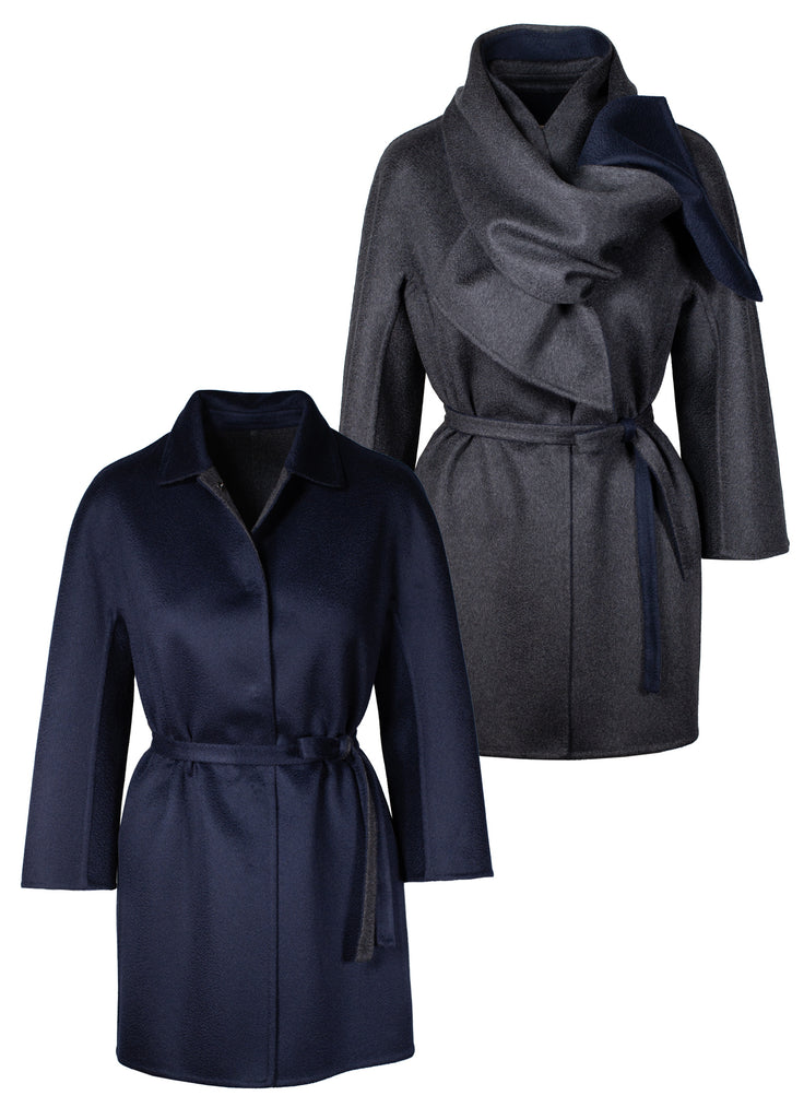 cashmere double-face reversible coat with scarf midnight navy and charcoal grey