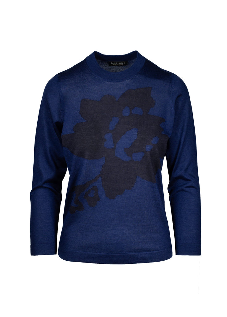 cashmere crew neck sweater with abstract floral intarsia azurite blue with navy