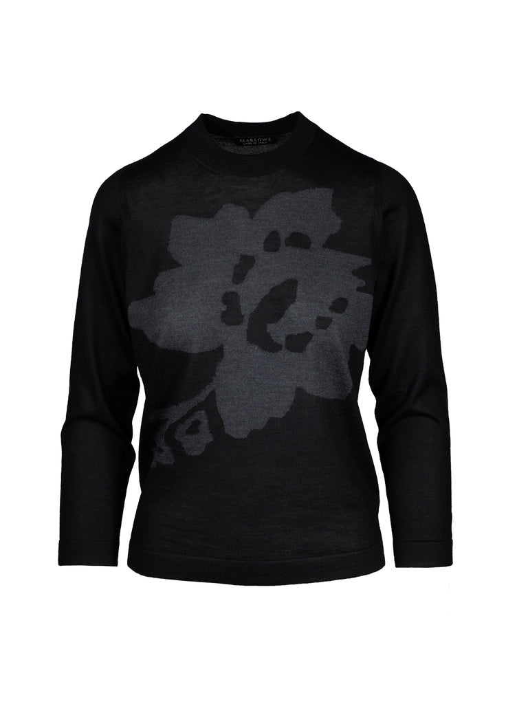 cashmere crew neck sweater with abstract floral intarsia black with graphite