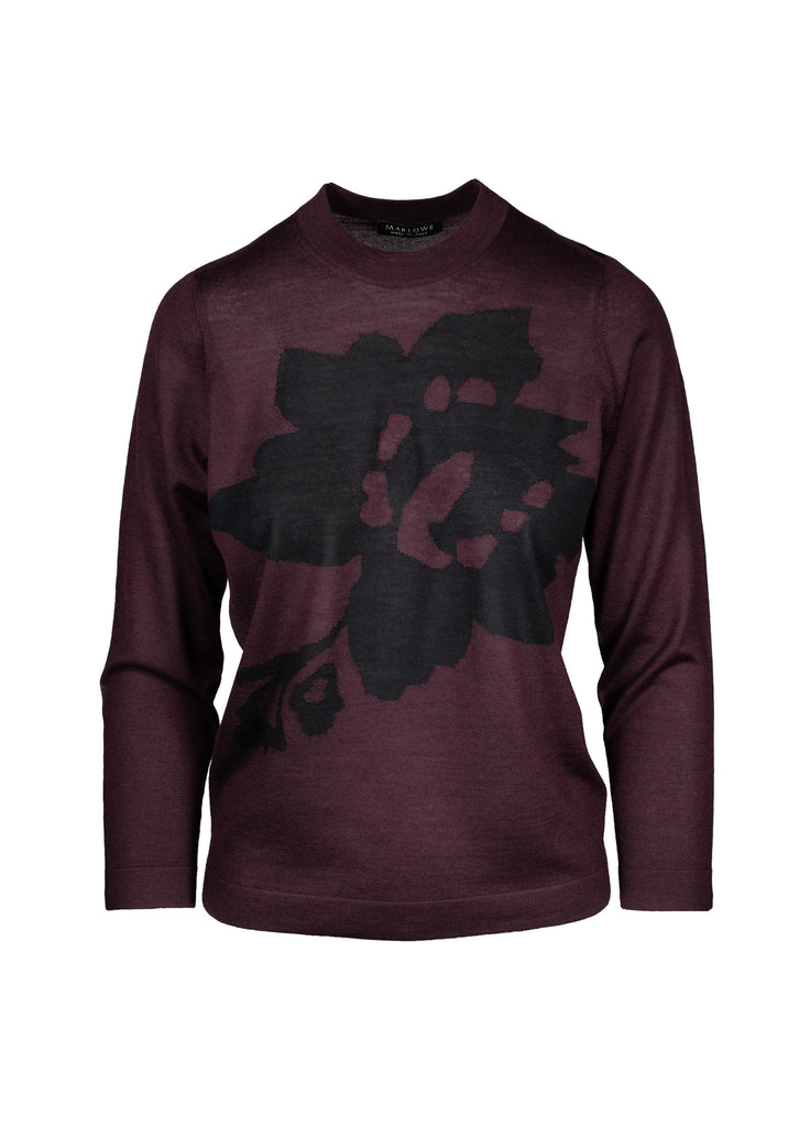 cashmere crew neck sweater with abstract floral  intarsia currant burgundy with black