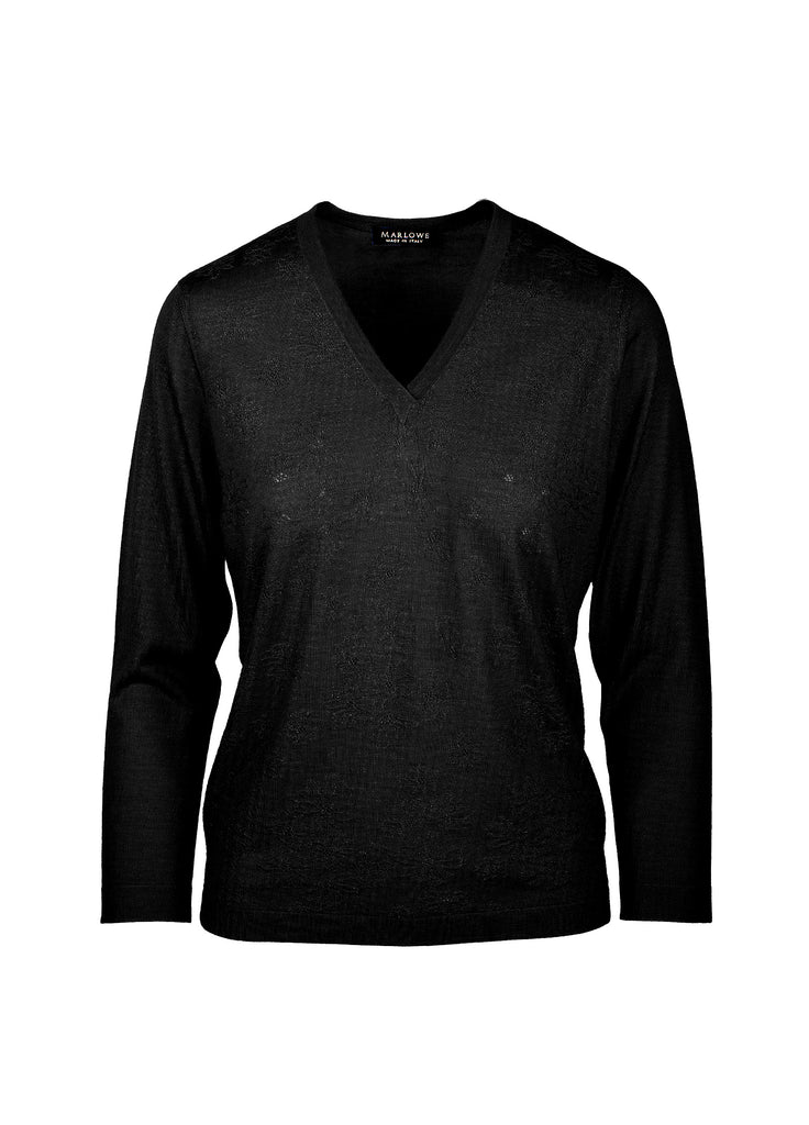 cashmere second skin v-neck sweater with floral texture onyx black