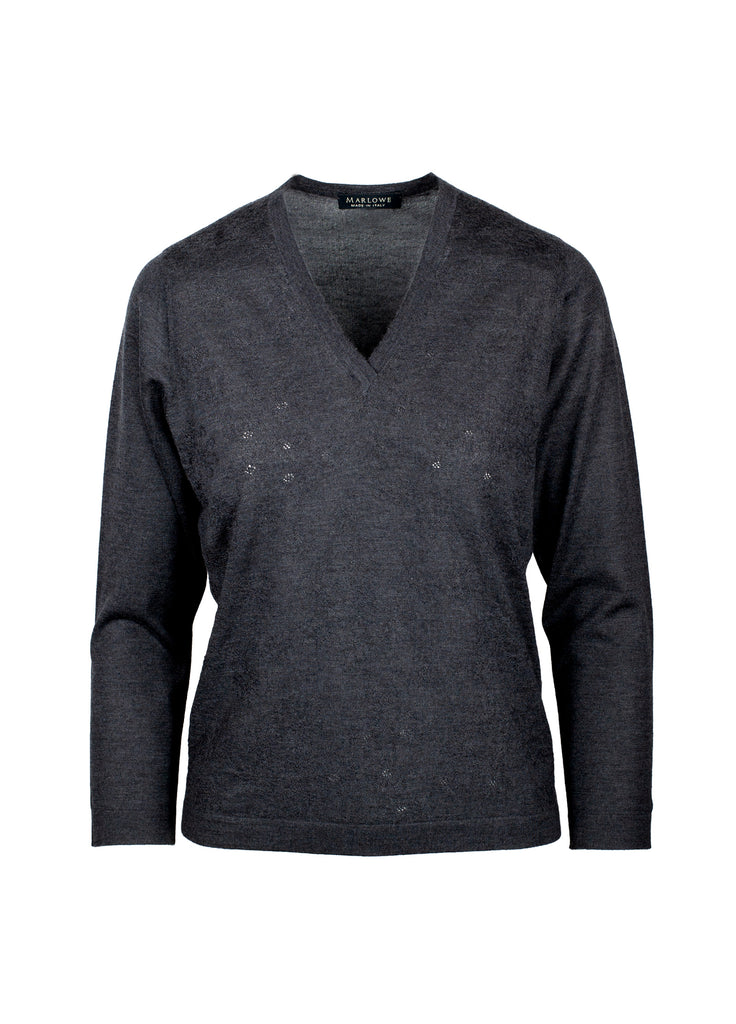 cashmere second skin v-neck sweater with floral texture graphite grey