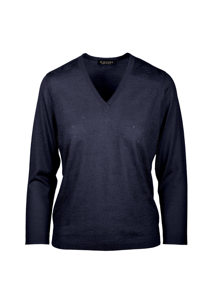 cashmere second skin V-neck with floral texture navy blue
