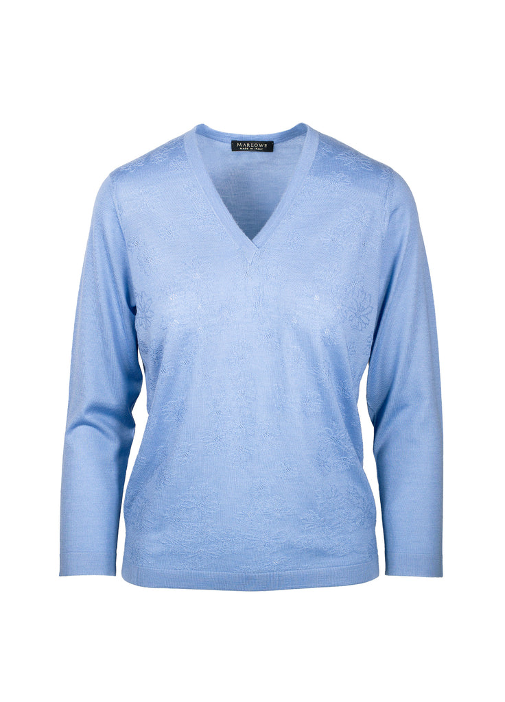 cashmere second skin v-neck sweater with floral texture sterling blue