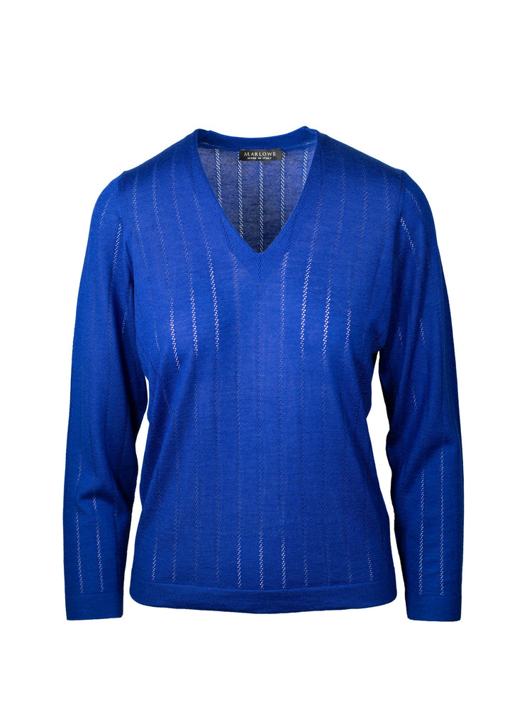 Cashmere V-neck open stripe stitch electric blue
