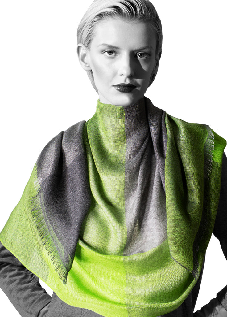 Cashmere ultra fine scarf triple tone chartreuse with opal grey