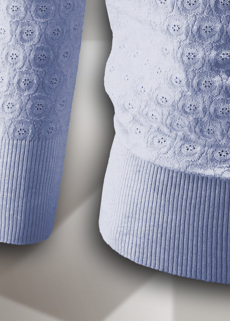 Cotton crew neck sweater with texture close up in ice blue 