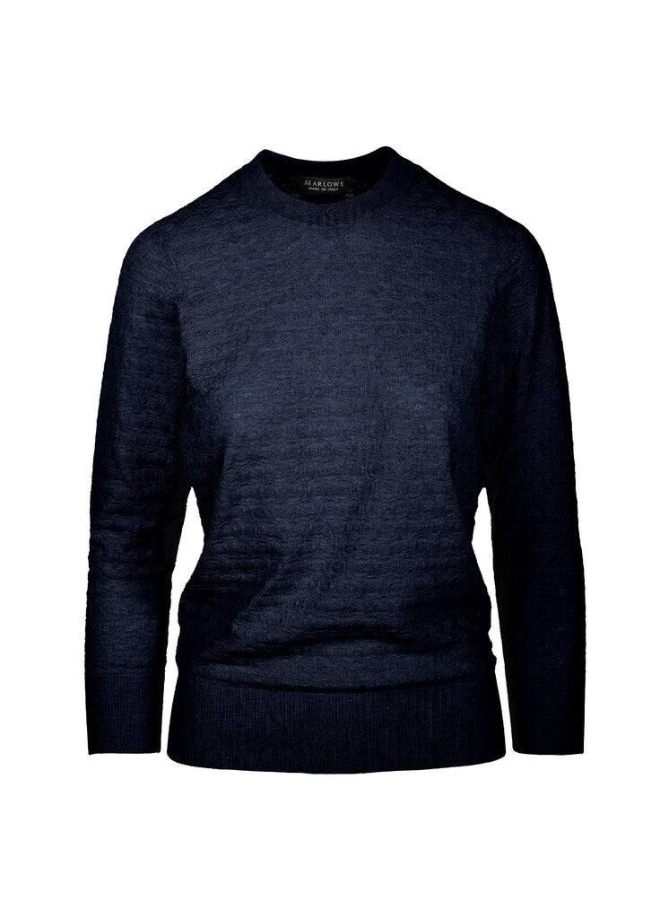 Cotton crew neck sweater with texture midnight navy