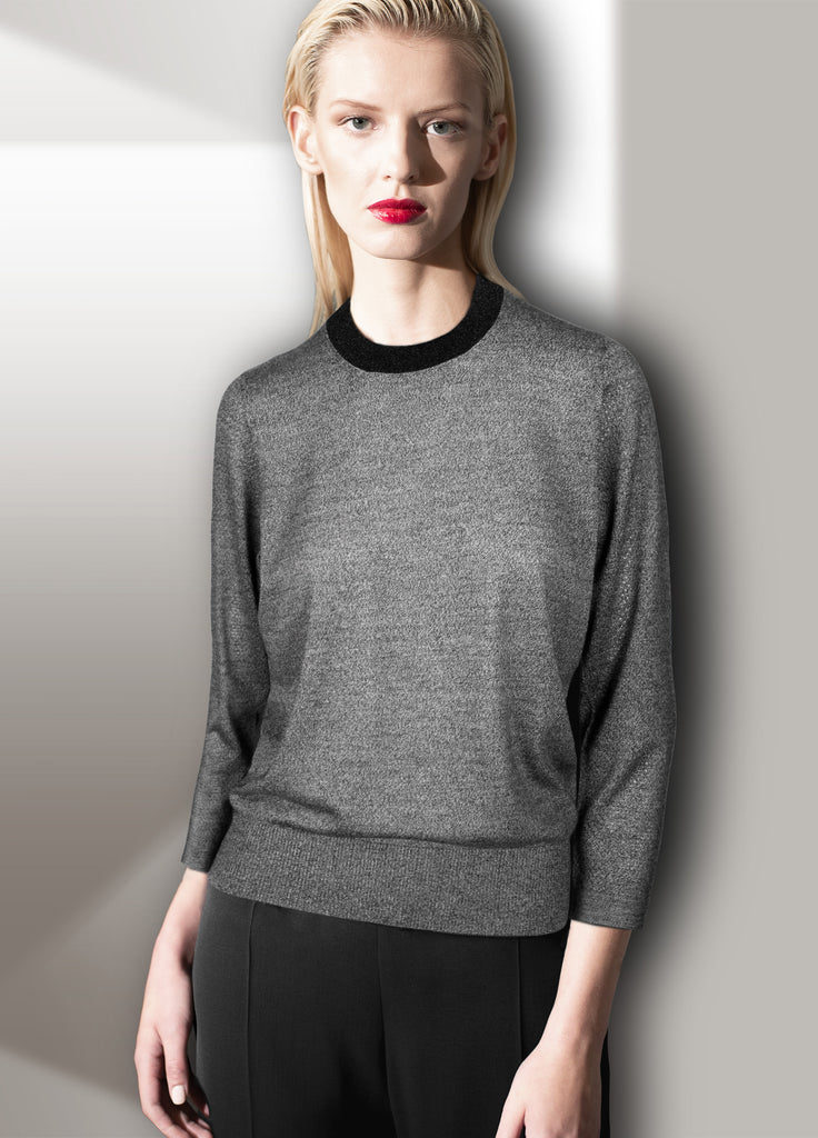 cashmere second skin crew neck in black white with black lame trim and black crepe pants