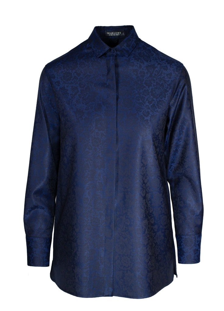 floral jacquard fine wool shirt azurite blue