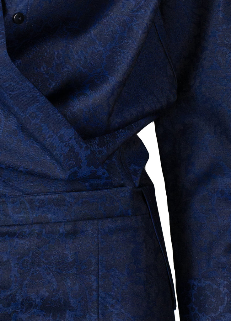 floral jacquard fine wool shirt and pant close up tucked in azurite blue