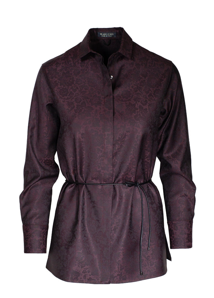 floral jacquard fine wool shirt with leather tie belt currant burgundy