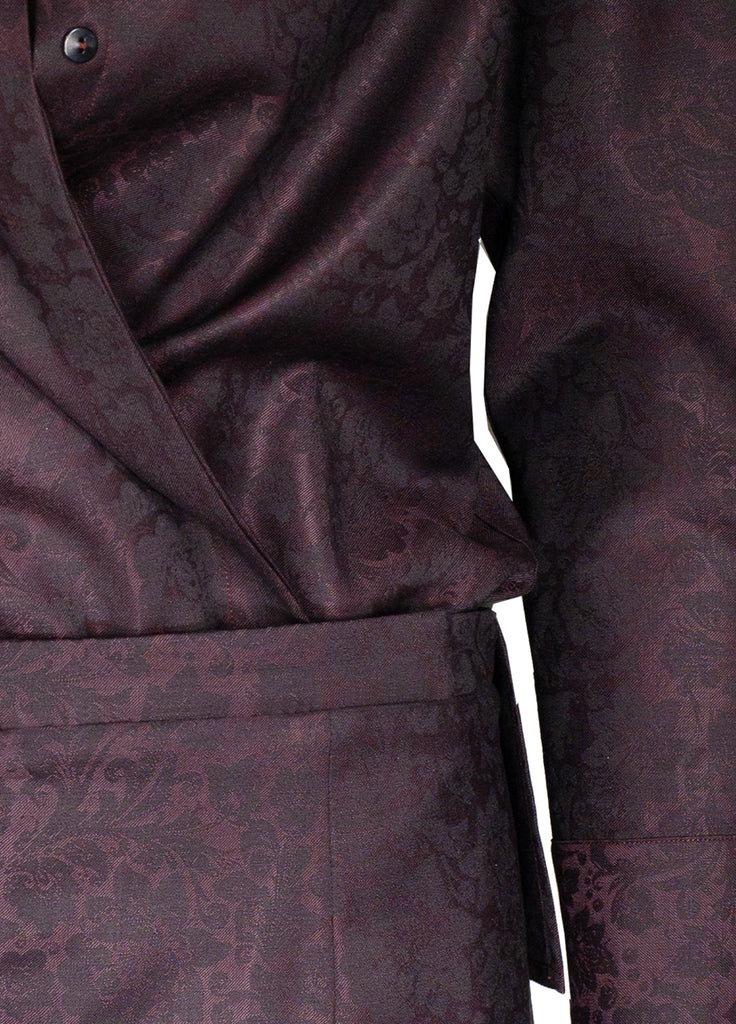 floral jacquard fine wool shirt tucked into matching pant close up currant burgundy
