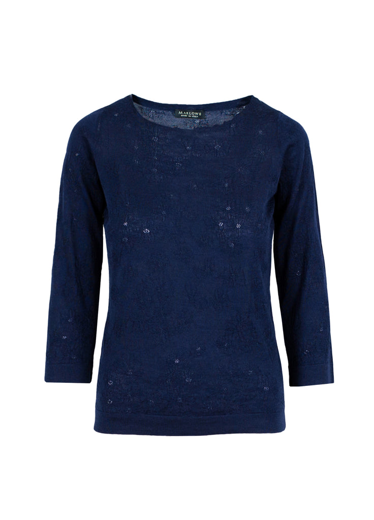 Women's cashmere boat neck sweater indigo navy with open floral detail