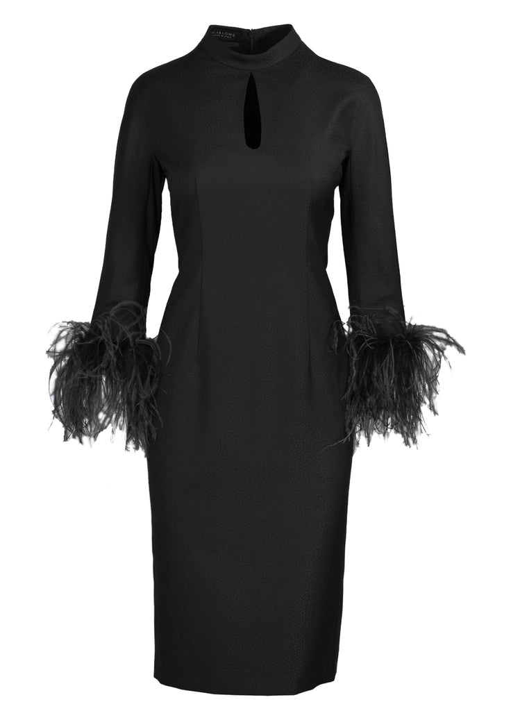 Women's black dress with detachable feather cuffs