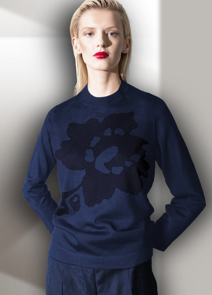 Cashmere second skin abstract floral in azurite blue with navy