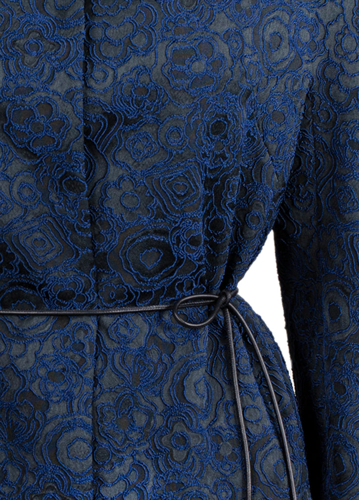 Women's long jacket with belt floral jacquard indigo close up of belt