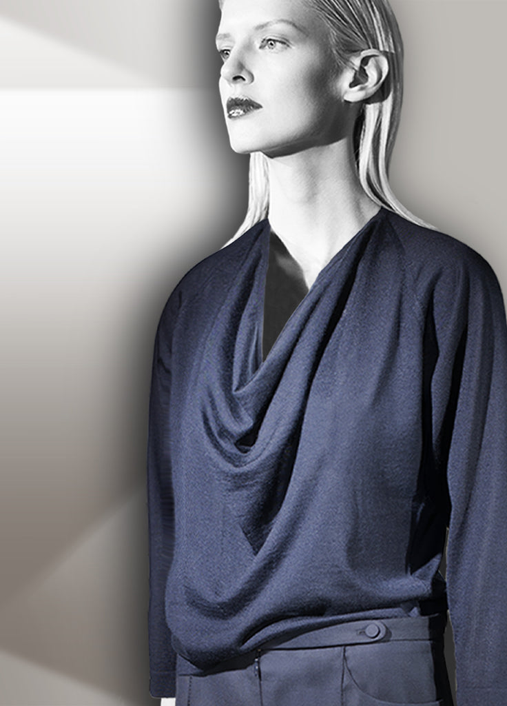 Cashmere second skin drape neck sweater indigo navy on model