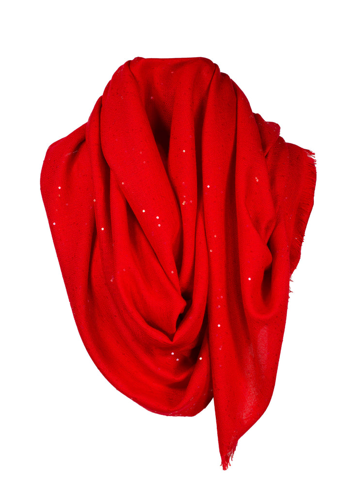 vibrant red ultra fine cashmere scarf with all over sequins