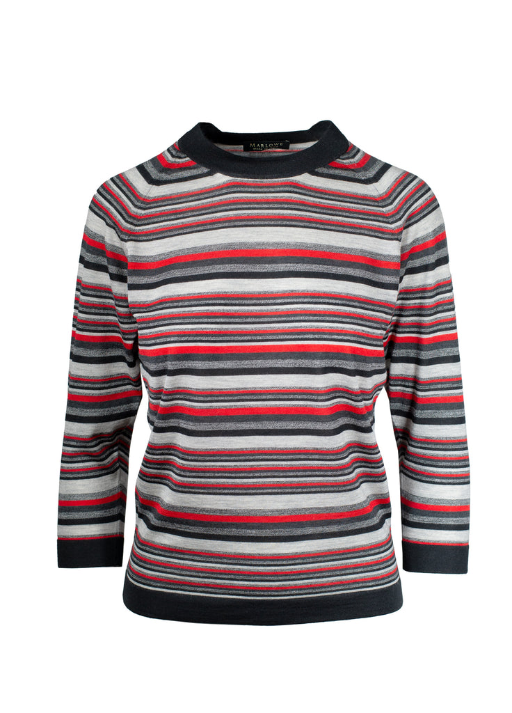 cashmere multi stripe crew neck in black with vivid red