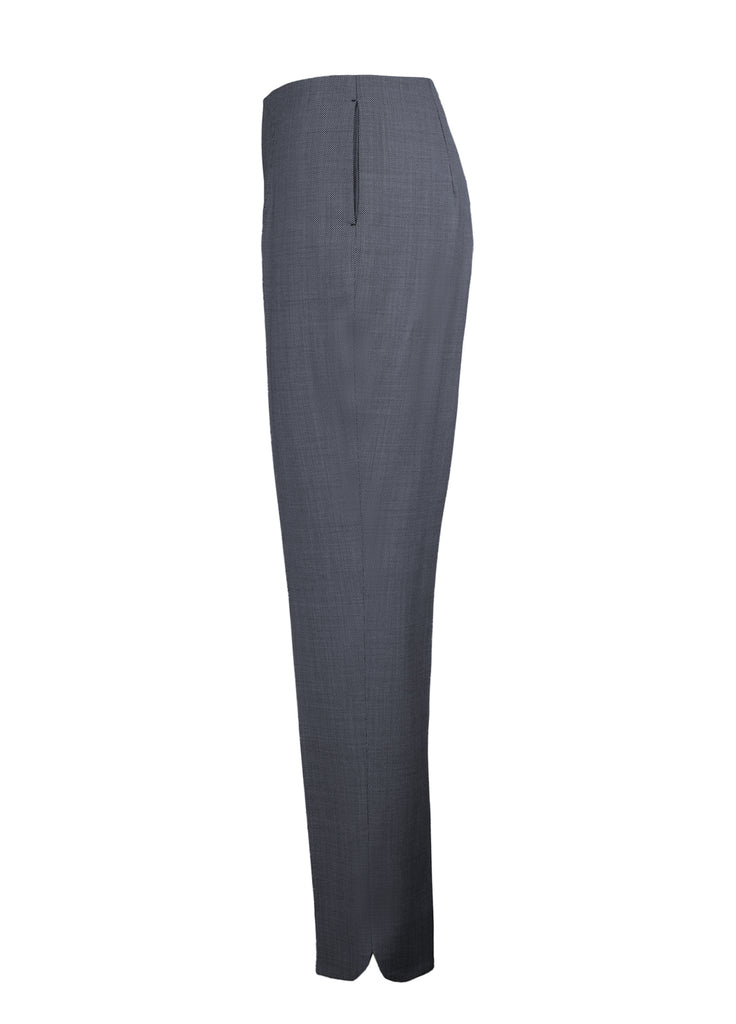 Women's wool tapered leg pant curve hem grey side view