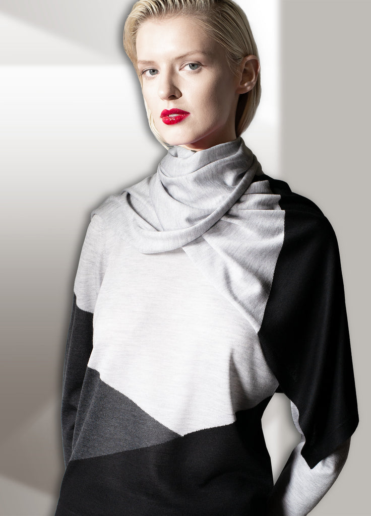 Cashmere second skin triple tone crew neck and scarf in pearl opal grey and black on model 