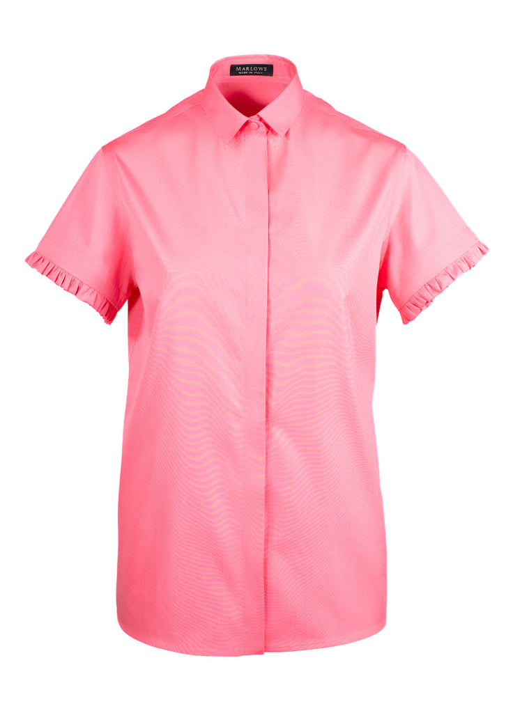 short sleeve shirt with ruffle coral pink