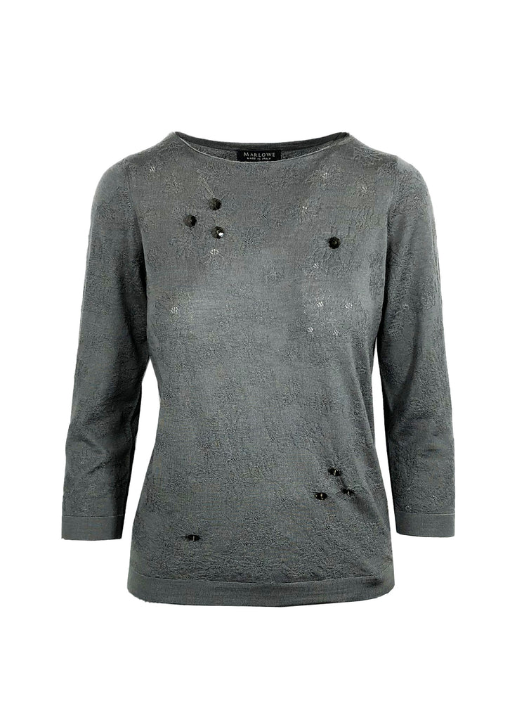 Women's cashmere sweater with floral detail and beads sage