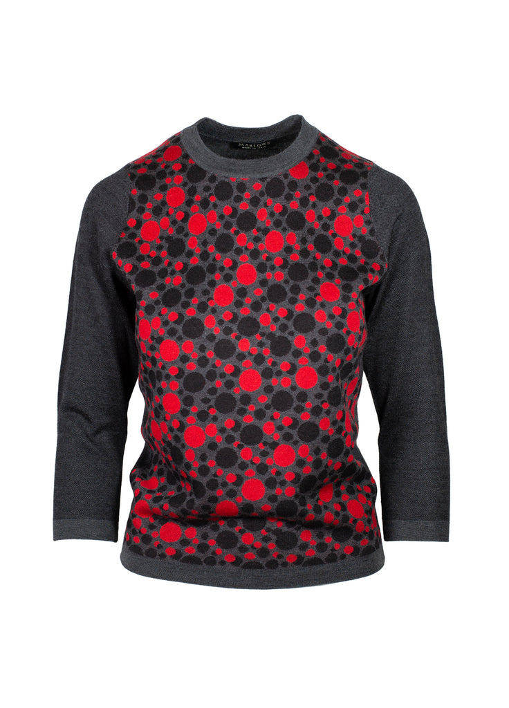 cashmere dot jacquard crew neck sweater graphite with black and vivid red