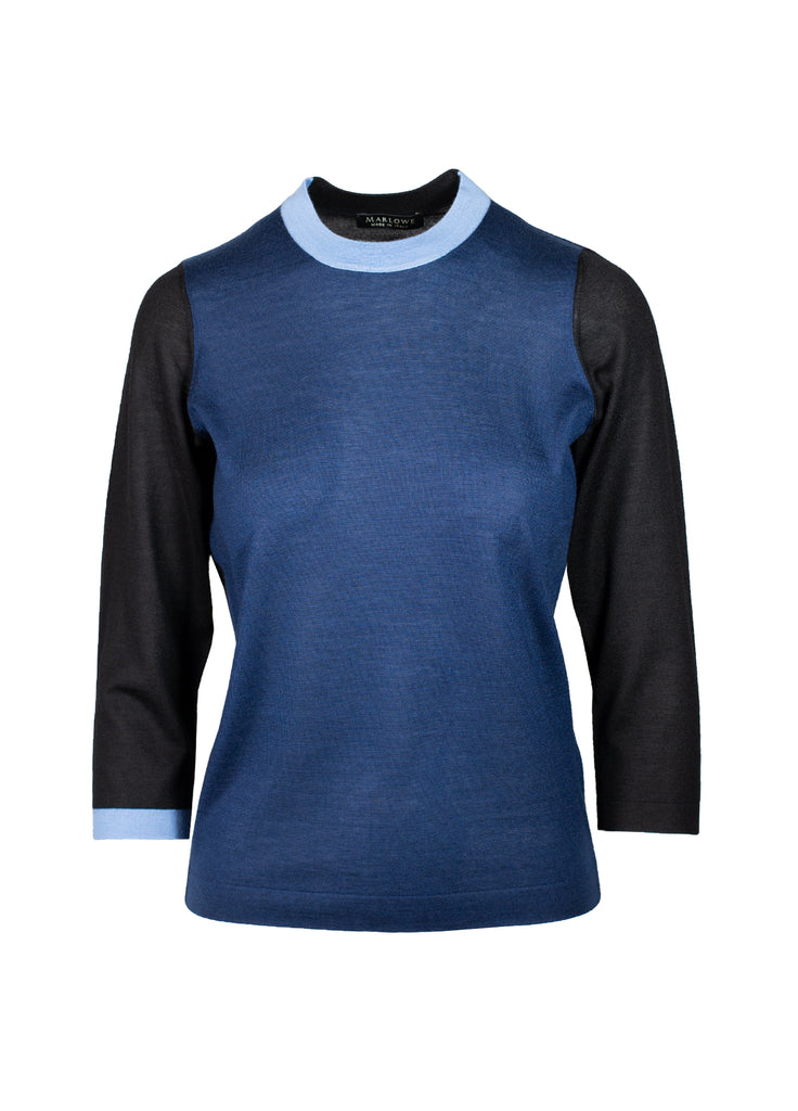 cashmere triple tone crew neck azurite blue with black and sterling blue