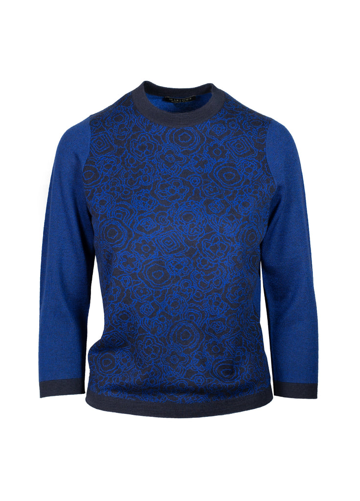 Cashmere Floral Jacquard Crew Neck Sweater indigo navy with electric blue