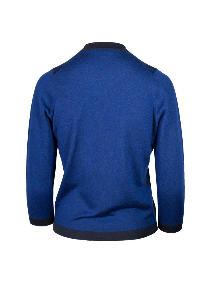 back view of floral jacquard cashmere crew neck indigo with electric blue
