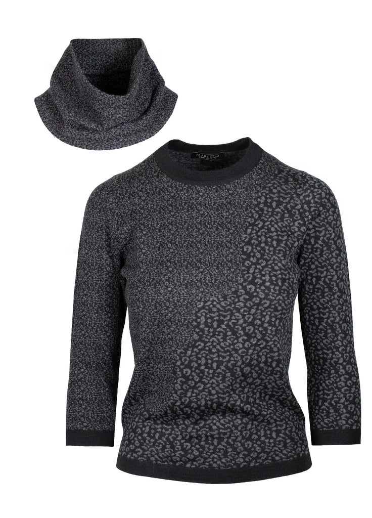 Cashmere Jacquard Sweater and Funnel Scarf black and opal grey