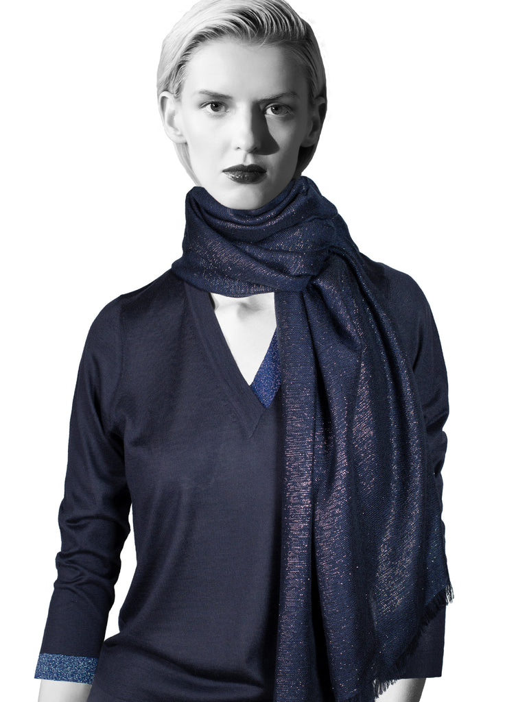 Cashmere lame scarf midnight with lame trim V-neck on model