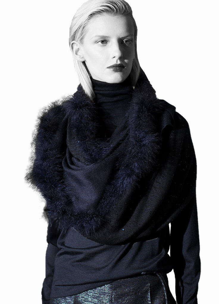 Cashmere scarf with feather and sequin detail midnight