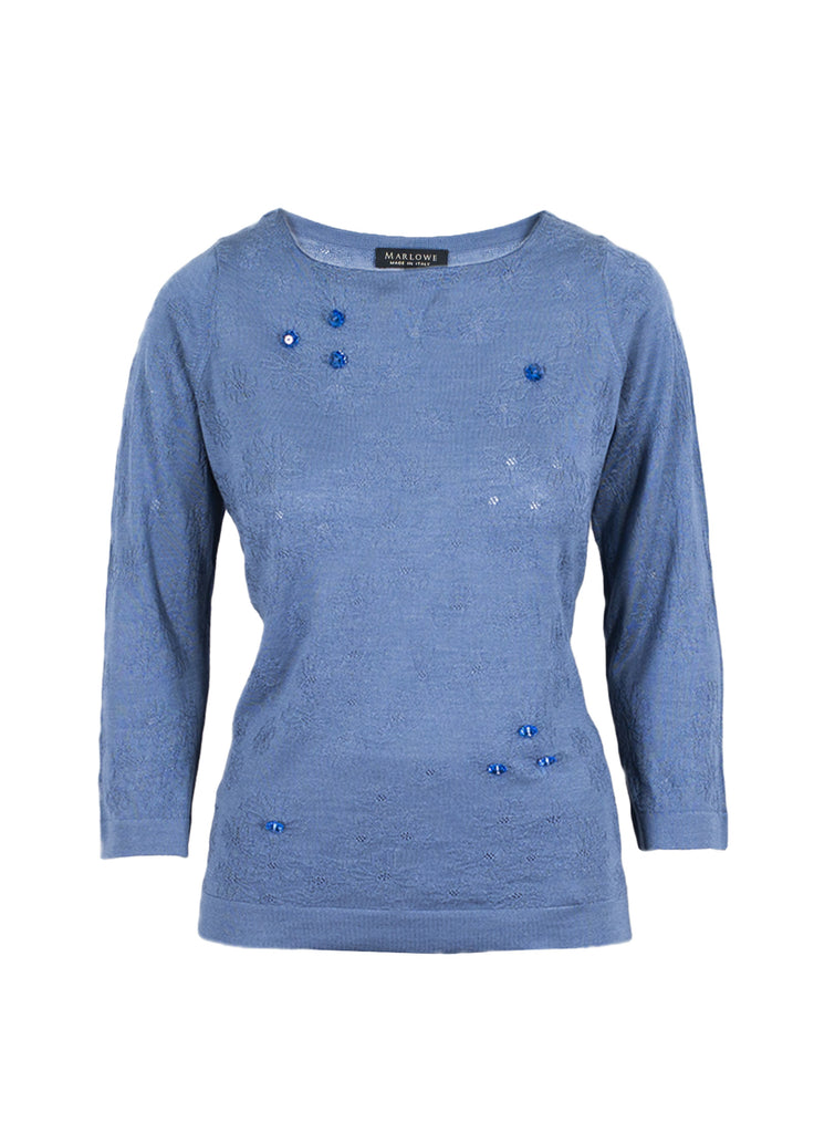 Women's cashmere sweater with floral detail and beads blue