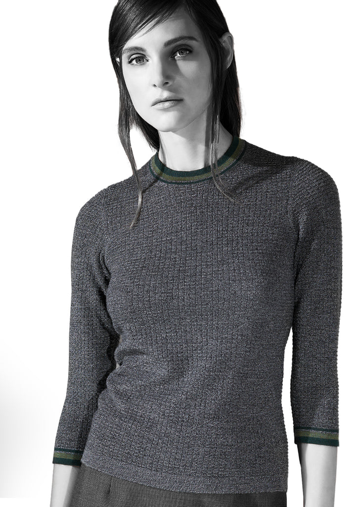 Cashmere ultra fine textured crew neck with trim on model