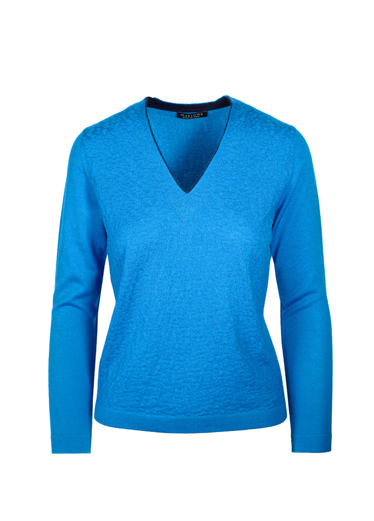 cashmere textured V-neck sweater bright turquoise