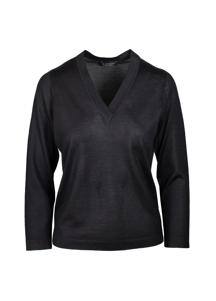 cashmere second skin V-neck sweater with lame neck band black