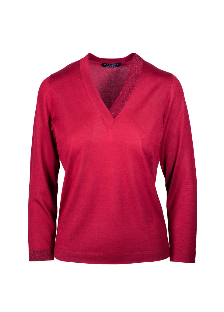 cashmere second skin V-neck sweater with lame neck band  garnet red